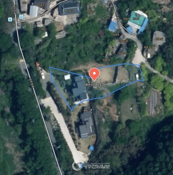 ▲A씨의 거주지인 구례군 계산리 일원 불법건축물 항공 사진./전남인터넷 신문 제공